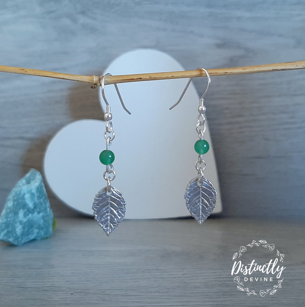 Pure Silver Leaf & Green Aventurine Drop Earrings
